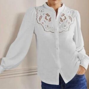 Boden White Cotton Knit Button Down Shirt with Eyelet Detail - Size 10P